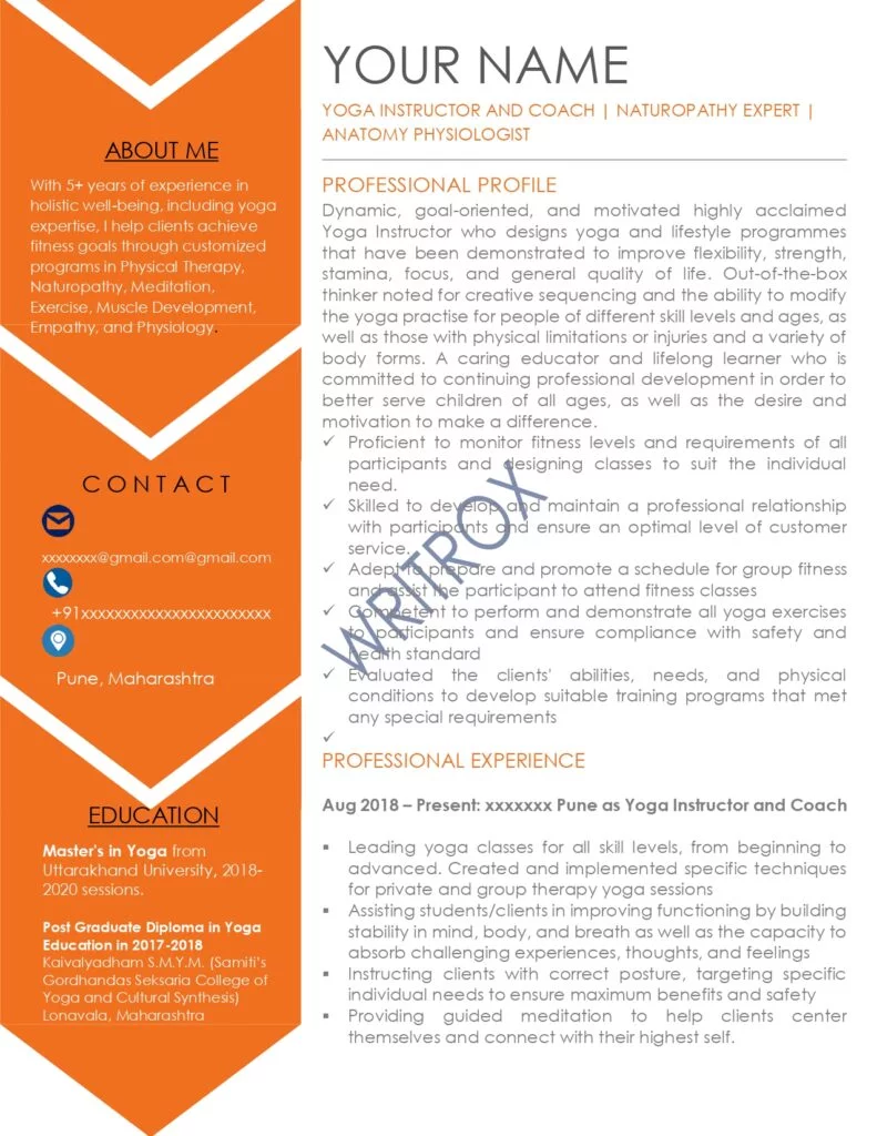 Professional Yoga Teacher Resume Sample